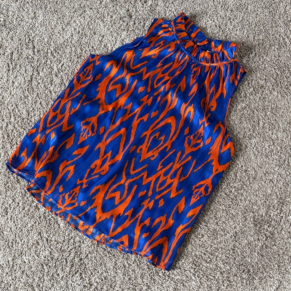 glam Blue and Orange Printed High-Neck Women's Sleeveless Top